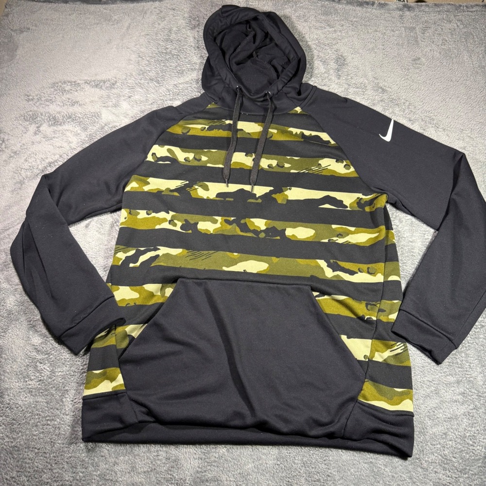 Nike Dri-FIT Mens Camo Stripe Pullover Hoodie Black Olive Green Sz‎ L AQ1140-011